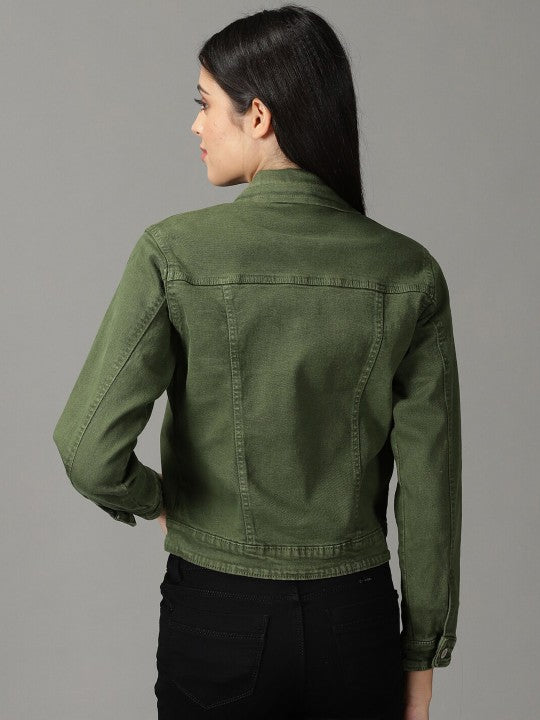 Women Washed Crop Olive Green Denim Jacket