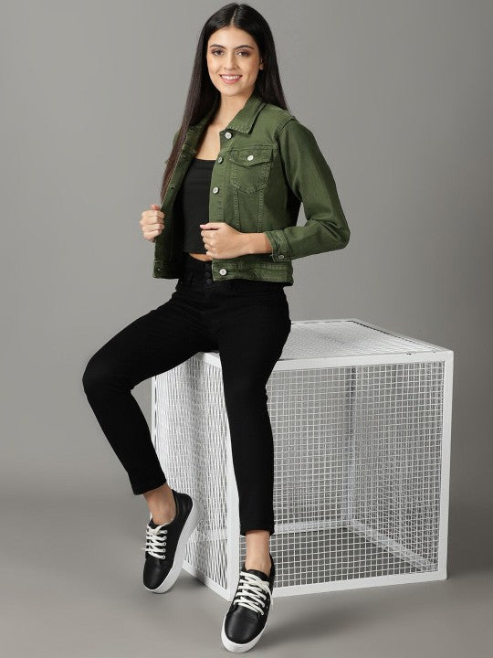 Women Washed Crop Olive Green Denim Jacket