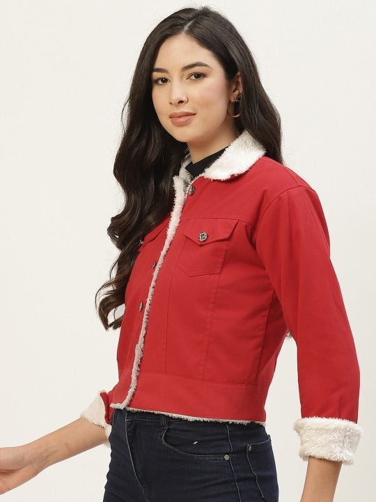 Women Red Solid Pure Cotton Denim Jacket – Stylish, Breathable Outerwear for Pakistan | HB INDUSTRIES