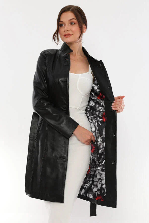 Alexa Black Leather Trench Coat For Women
