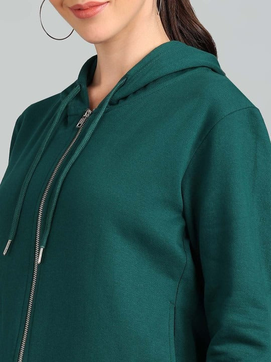 Women Solid Hooded Front-Open Cotton Olive Green Zipper Hoodie – Casual & Stylish Outerwear for Pakistan | DOCACCA