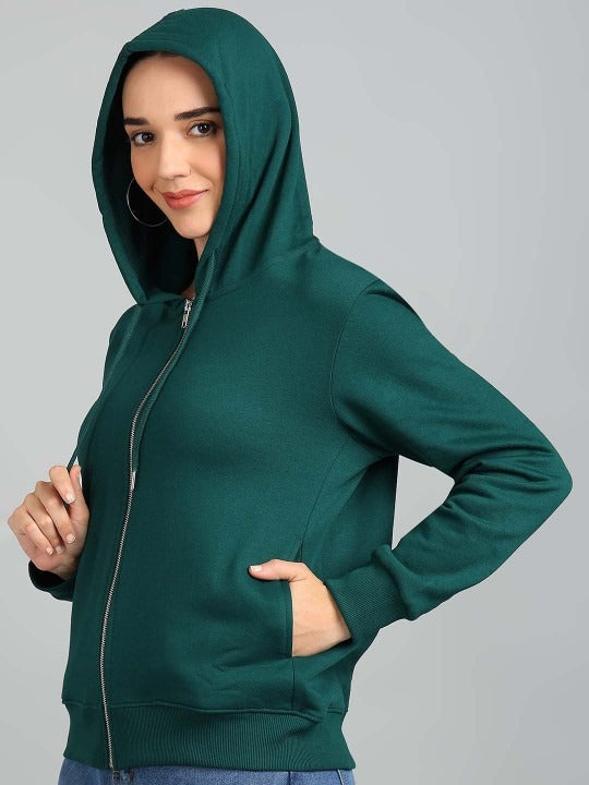 Women Solid Hooded Front-Open Cotton Olive Green Zipper Hoodie – Casual & Stylish Outerwear for Pakistan | DOCACCA