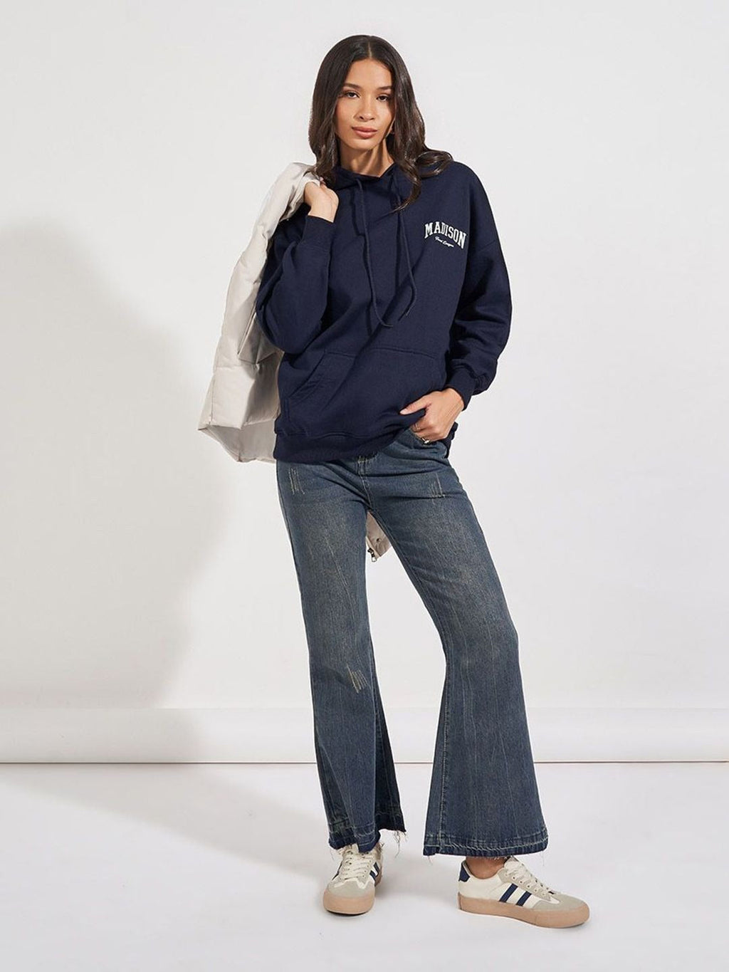 Women Typography Printed Oversized Fit Longline Hoodie – Trendy Streetwear Style in Pakistan | DOCACCA