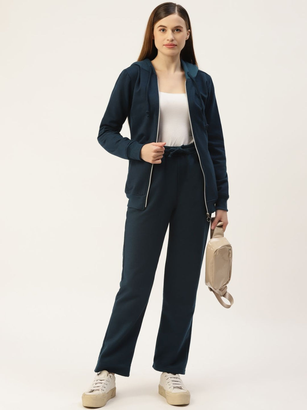 Women Long Sleeves Hooded Navy Blue Zipper Jacket – Stylish Casual Outerwear for Pakistan | DOCACCA