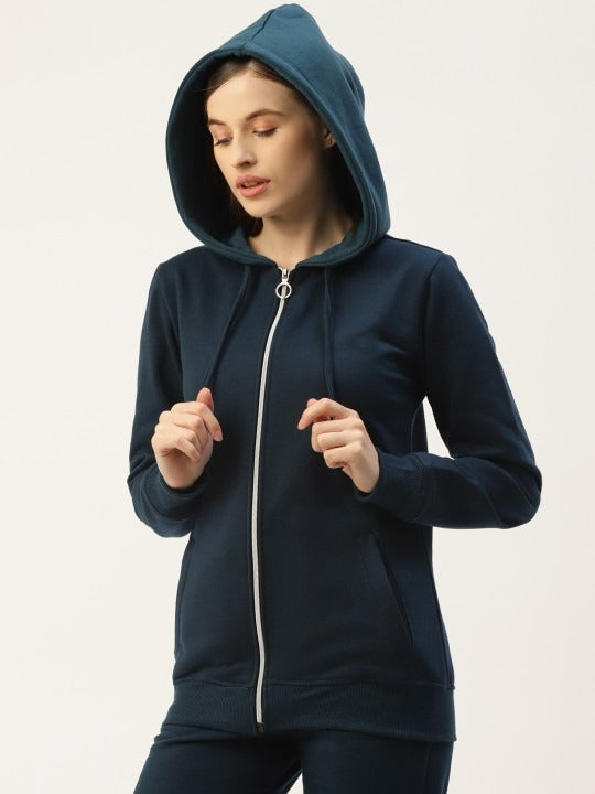 Women Long Sleeves Hooded Navy Blue Zipper Jacket – Stylish Casual Outerwear for Pakistan | DOCACCA