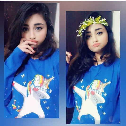 Royal Blue Unicorn Dap Cotton Printed T-Shirt For Women