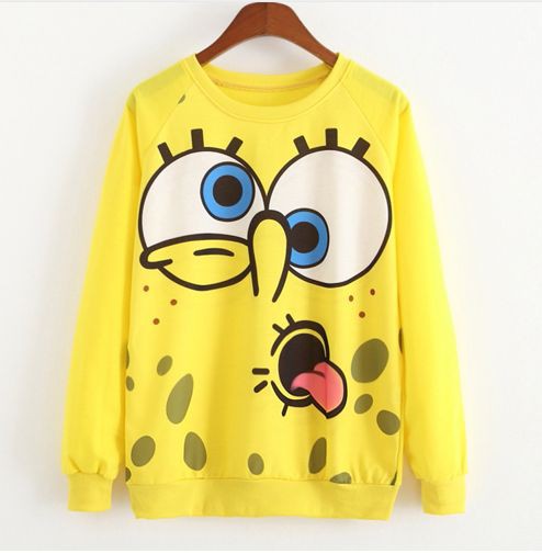 Yellow Spongebob Printed Fleece Full Sleeves Pull Over Sweatshirt For Women