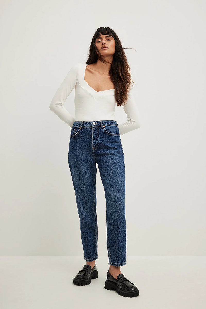 Front View of Mid Blue Mom High Waist Jeans