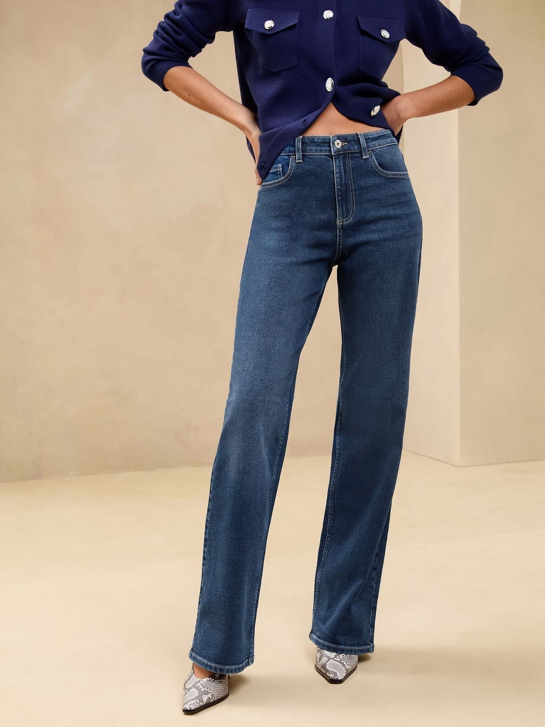 Women Lipsy Dark Blue Mid Rise Wide Leg Jeans – Trendy Denim for Pakistani Fashion