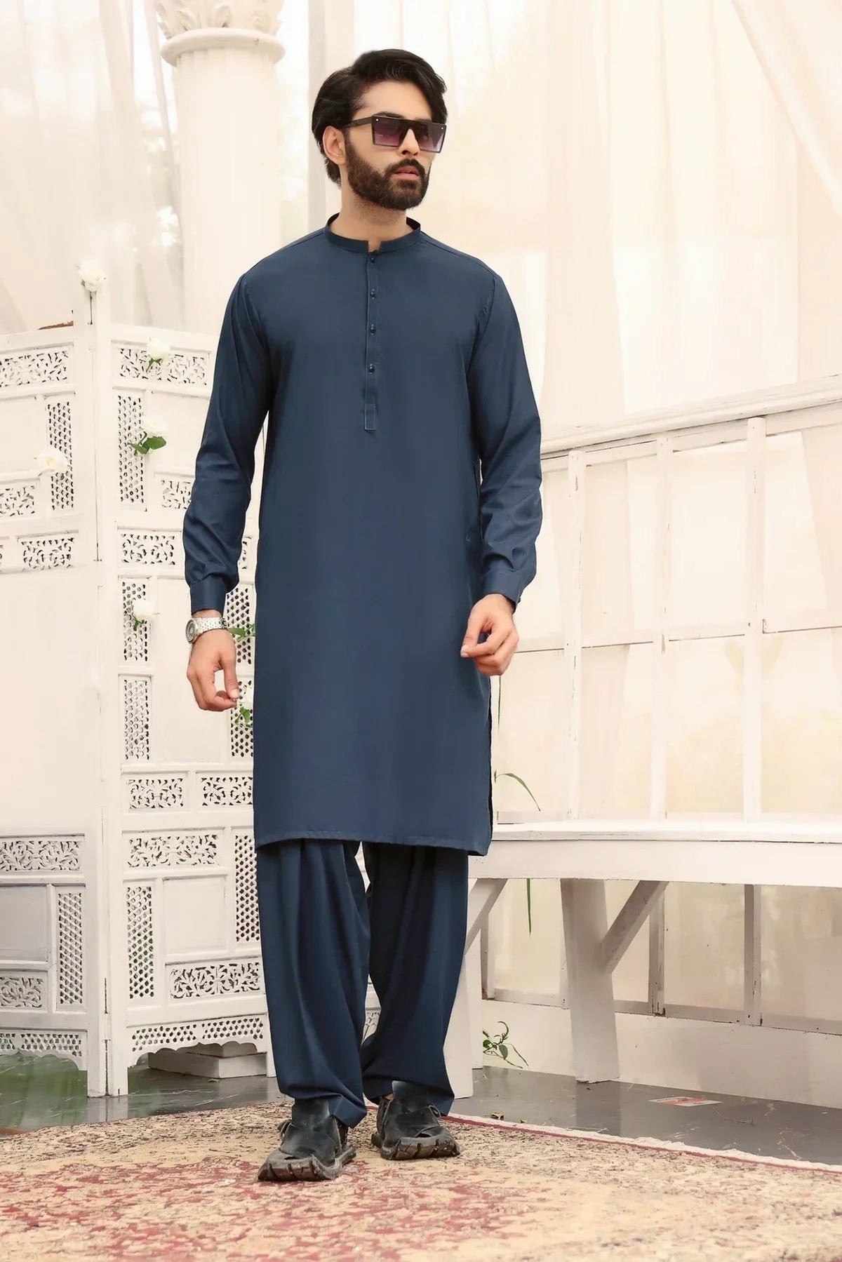 Aqua Verdant: Greenish Blue Shalwar Kameez Ensemble for Men - HB INDUSTRIES - Shalwar Kameez - 