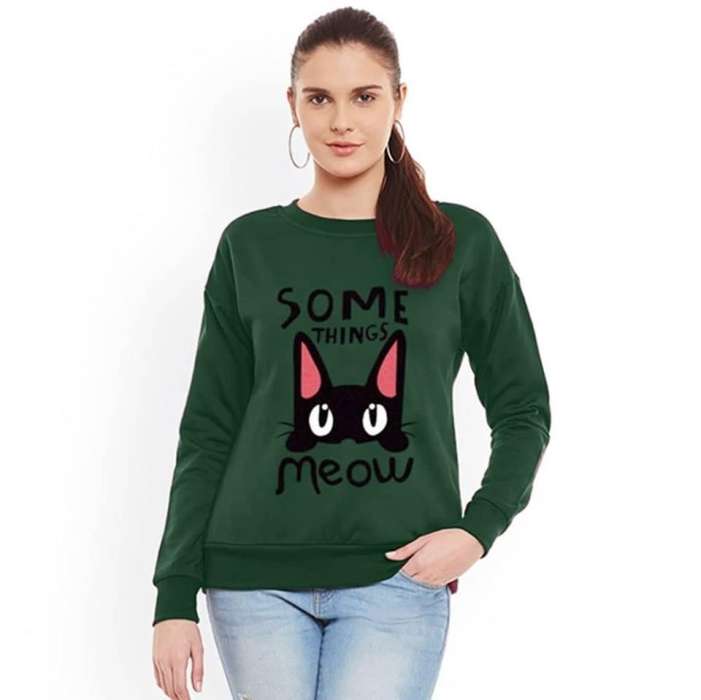 Army Green Something Meow Print Sweat Shirt SS 73 - HB INDUSTRIES - Hoodies & Sweatshirts - 