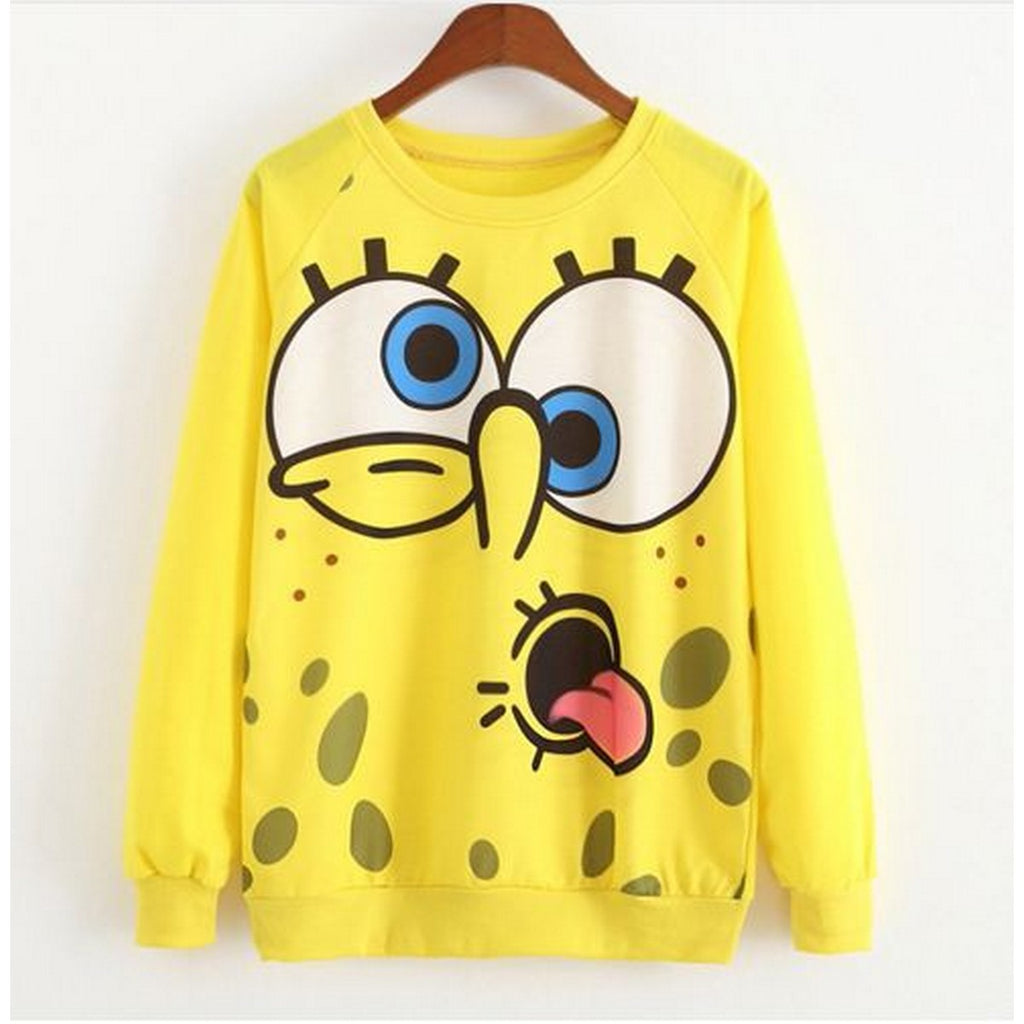 Yellow Spongebob Printed Fleece Full Sleeves Pull Over Sweatshirt For Women