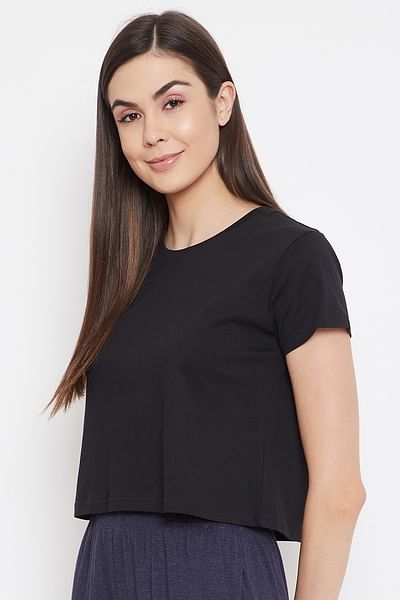 Basic Cropped Casual Tee in Black - 100% Cotton - HB INDUSTRIES - Tops & T - Shirts - 