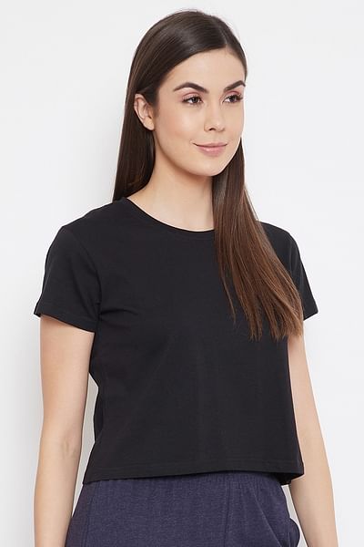 Basic Cropped Casual Tee in Black - 100% Cotton - HB INDUSTRIES - Tops & T - Shirts - 