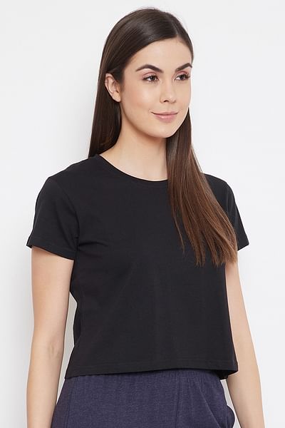 Basic Cropped Casual Tee in Black - 100% Cotton - HB INDUSTRIES - Tops & T - Shirts - 