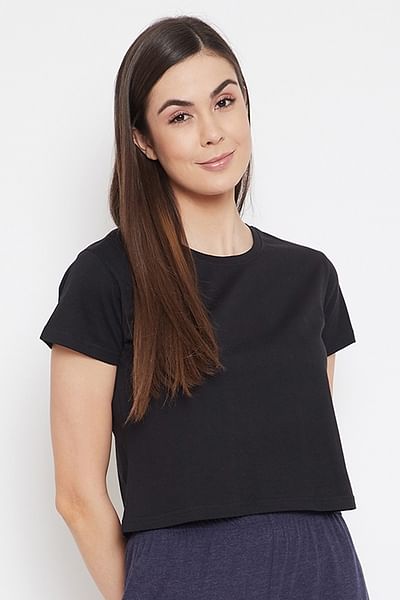 Basic Cropped Casual Tee in Black - 100% Cotton - HB INDUSTRIES - Tops & T - Shirts - 