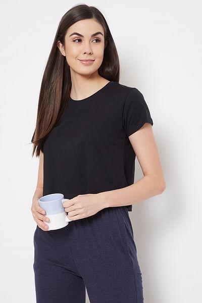 Basic Cropped Casual Tee in Black - 100% Cotton - HB INDUSTRIES - Tops & T - Shirts - 