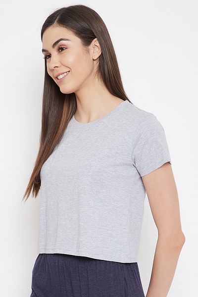 Basic Cropped Casual Tee in Grey - 100% Cotton - HB INDUSTRIES - Tops & T - Shirts - 