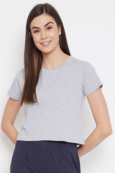 Basic Cropped Casual Tee in Grey - 100% Cotton - HB INDUSTRIES - Tops & T - Shirts - 