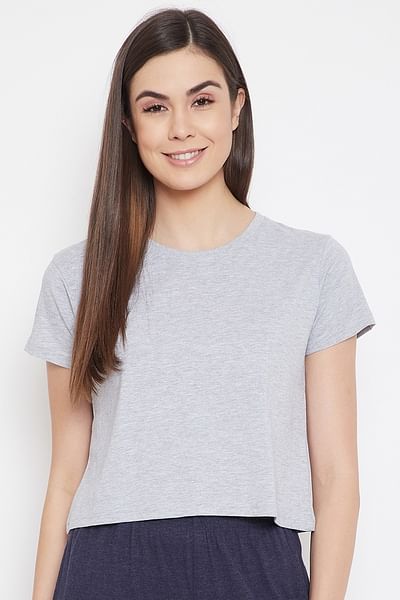 Basic Cropped Casual Tee in Grey - 100% Cotton - HB INDUSTRIES - Tops & T - Shirts - 