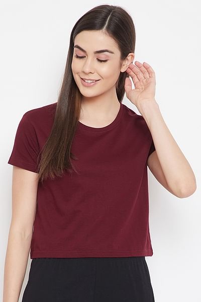Basic Cropped Casual Tee in Maroon - 100% Cotton - HB INDUSTRIES - Tops & T - Shirts - 