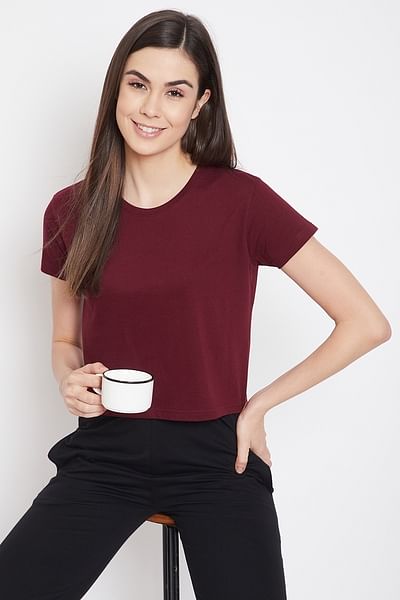 Basic Cropped Casual Tee in Maroon - 100% Cotton - HB INDUSTRIES - Tops & T - Shirts - 
