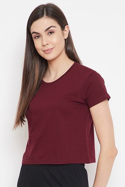 Basic Cropped Casual Tee in Maroon - 100% Cotton - HB INDUSTRIES - Tops & T - Shirts - 