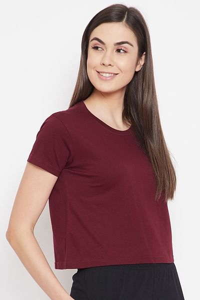 Basic Cropped Casual Tee in Maroon - 100% Cotton - HB INDUSTRIES - Tops & T - Shirts - 