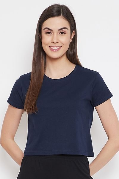 Basic Cropped Casual Tee in Navy Blue - 100% Cotton - HB INDUSTRIES - Tops & T - Shirts - 