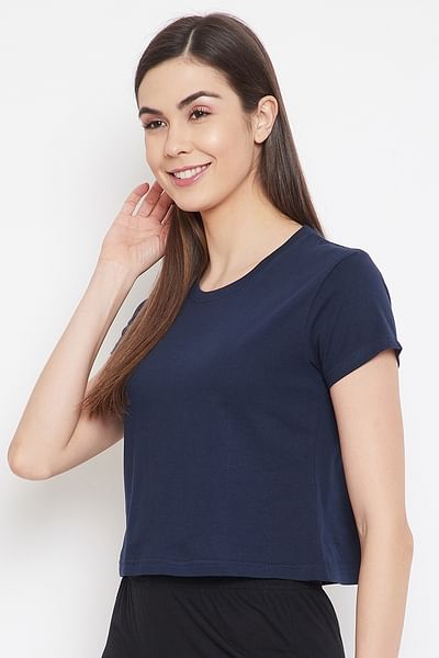 Basic Cropped Casual Tee in Navy Blue - 100% Cotton - HB INDUSTRIES - Tops & T - Shirts - 