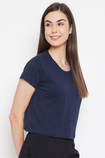 Basic Cropped Casual Tee in Navy Blue - 100% Cotton - HB INDUSTRIES - Tops & T - Shirts - 