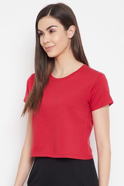 Basic Cropped Casual Tee in Red - 100% Cotton - HB INDUSTRIES - Tops & T - Shirts - 