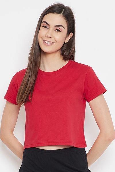 Basic Cropped Casual Tee in Red - 100% Cotton - HB INDUSTRIES - Tops & T - Shirts - 