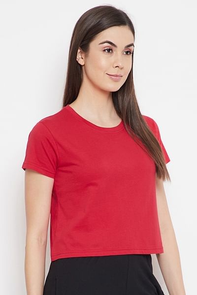 Basic Cropped Casual Tee in Red - 100% Cotton - HB INDUSTRIES - Tops & T - Shirts - 