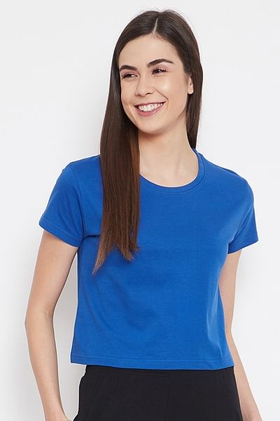 Basic Cropped Casual Tee in Royal Blue - 100% Cotton - HB INDUSTRIES - Tops & T - Shirts - 