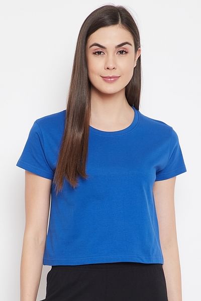 Basic Cropped Casual Tee in Royal Blue - 100% Cotton - HB INDUSTRIES - Tops & T - Shirts - 