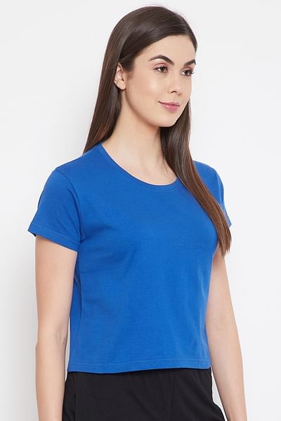Basic Cropped Casual Tee in Royal Blue - 100% Cotton - HB INDUSTRIES - Tops & T - Shirts - 