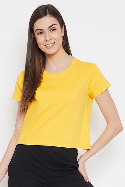 Basic Cropped Casual Tee in Yellow - 100% Cotton - HB INDUSTRIES - Tops & T - Shirts - 