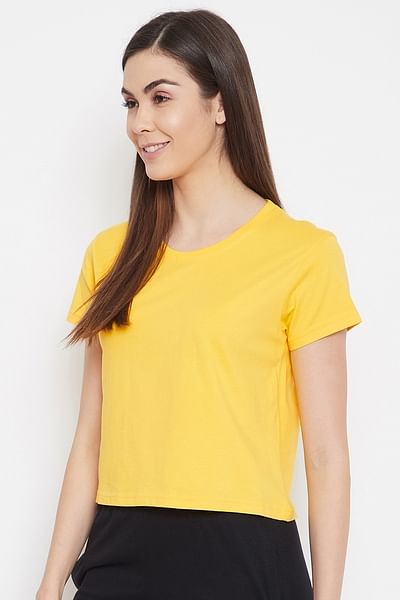 Basic Cropped Casual Tee in Yellow - 100% Cotton - HB INDUSTRIES - Tops & T - Shirts - 