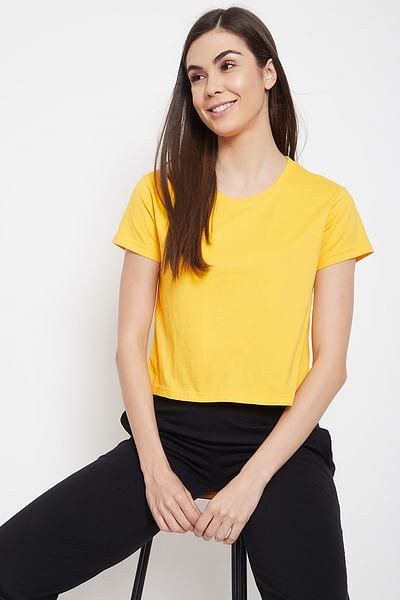 Basic Cropped Casual Tee in Yellow - 100% Cotton - HB INDUSTRIES - Tops & T - Shirts - 