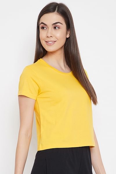 Basic Cropped Casual Tee in Yellow - 100% Cotton - HB INDUSTRIES - Tops & T - Shirts - 