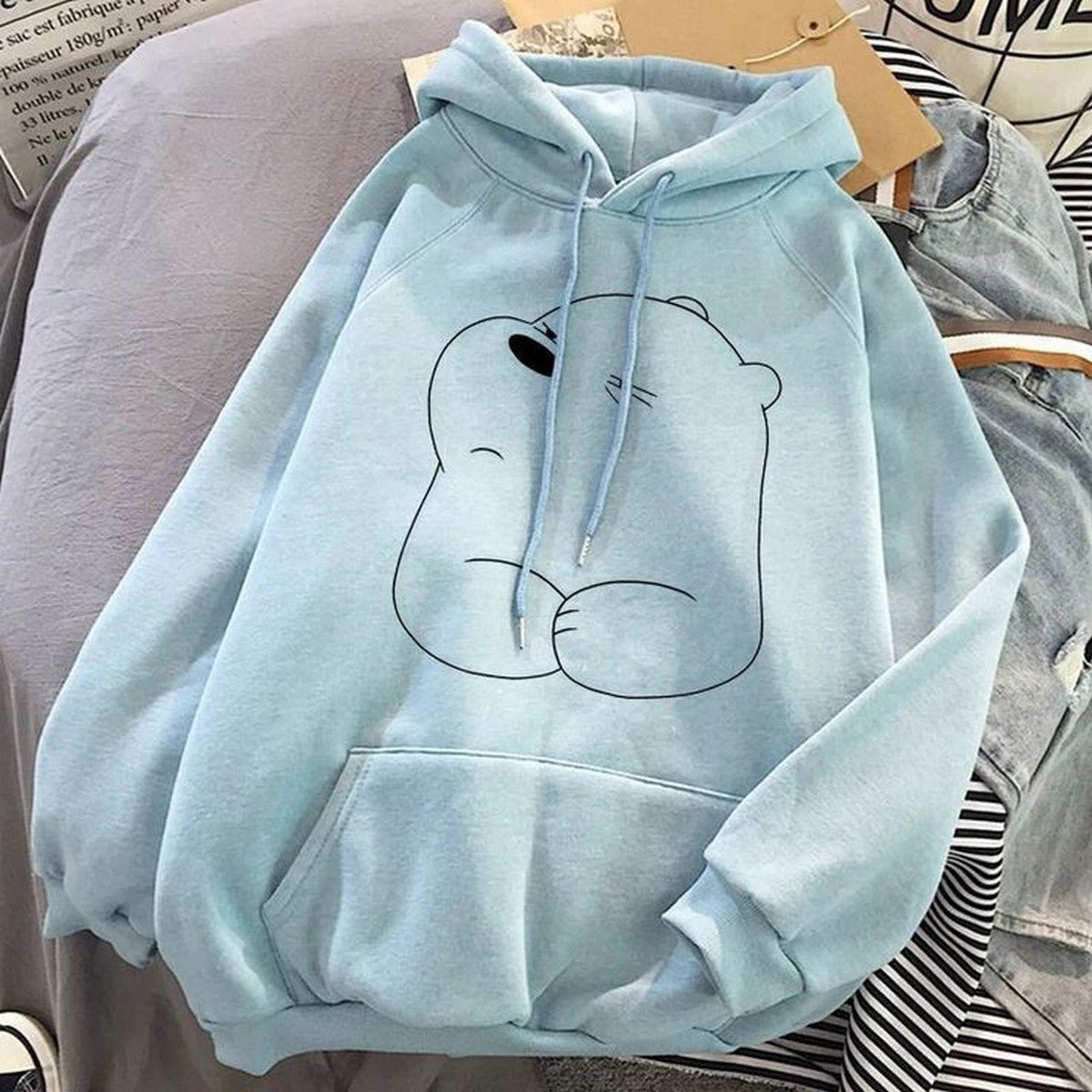 Bear Sky Blue Fleece Full Sleeves Pull Over Hoodie For Women - HB INDUSTRIES - Hoodies & Sweatshirts - 