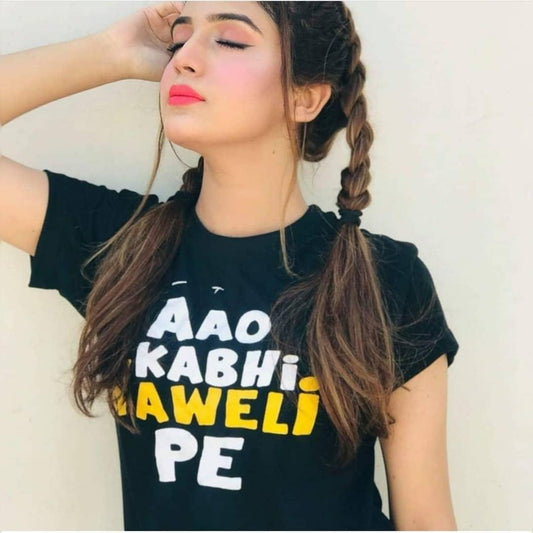 Black Ao Kabhi Haveli pe Cotton Printed T - shirt For Womens - HB INDUSTRIES - Tops & T - Shirts - 