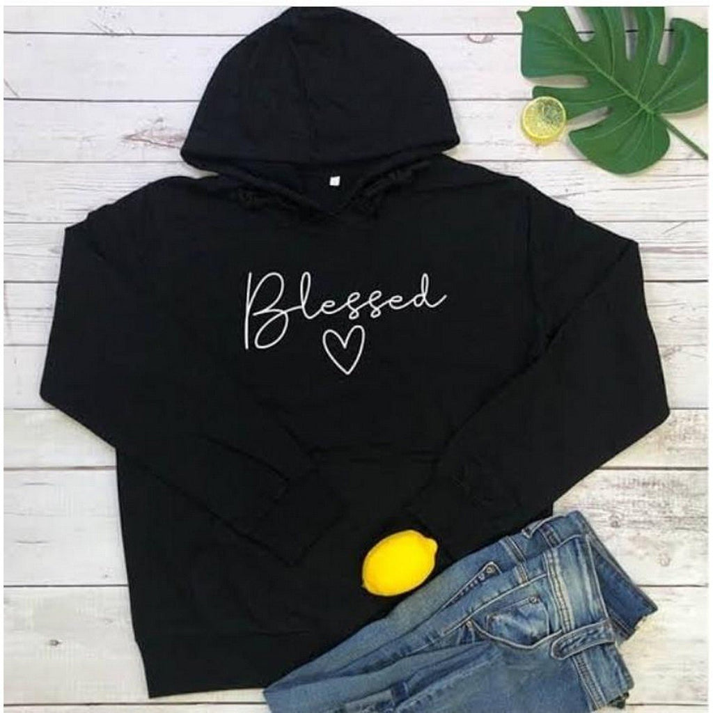 Black Blessed Printed Fleece Full Sleeves Pull Over Hoodie For Women - HB INDUSTRIES - Hoodies & Sweatshirts - 
