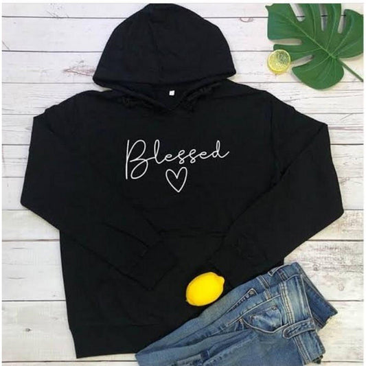 Black Blessed Printed Fleece Full Sleeves Pull Over Hoodie For Women - HB INDUSTRIES - Hoodies & Sweatshirts - 