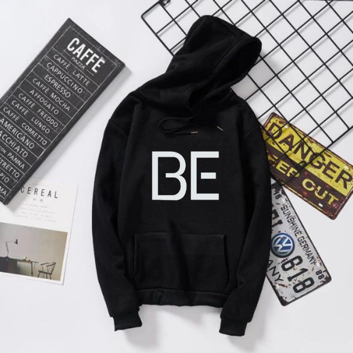 Black BTS BE Printed Fleece Full Sleeves Export Quality Pull Over Hoodie For Women & Men - HB INDUSTRIES - Hoodies & Sweatshirts - 