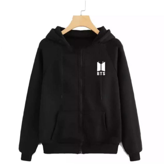 Black BTS Fleece Full Sleeves Zipper Hoodie For Women - HB INDUSTRIES - Hoodies & Sweatshirts - 
