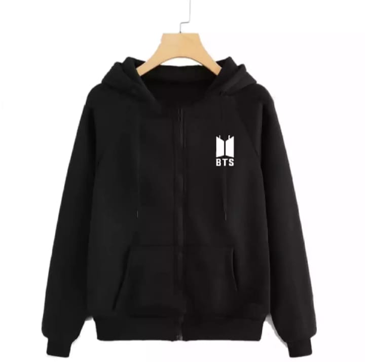 Black BTS Fleece Full Sleeves Zipper Hoodie For Women - HB INDUSTRIES - Hoodies & Sweatshirts - 