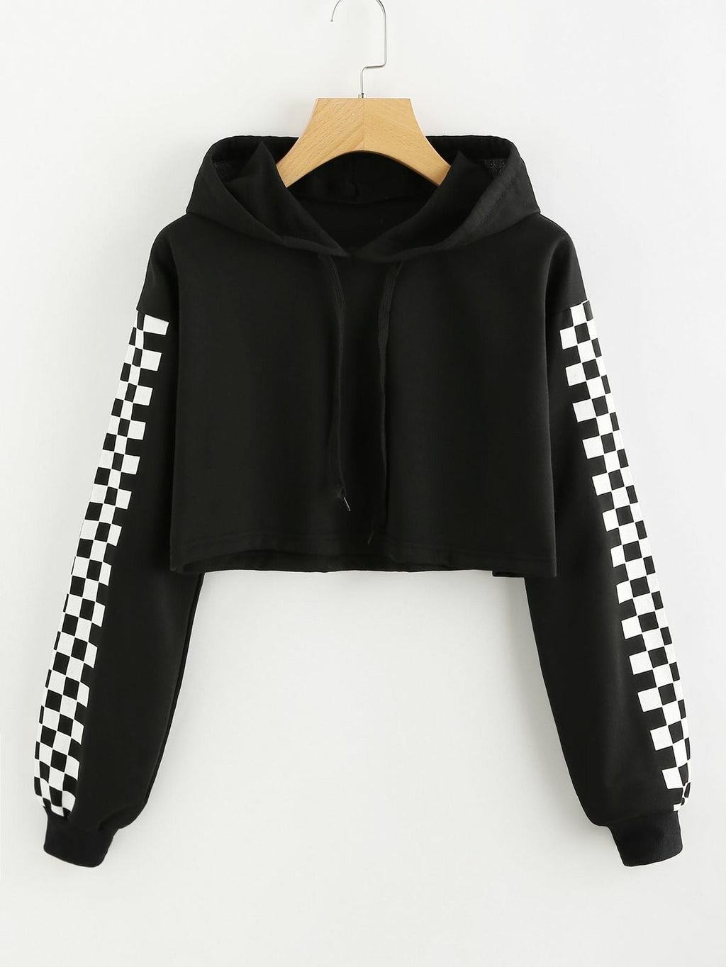 Black Checkered Fleece Full Sleeves Cropped Hoodie For Women - HB INDUSTRIES - Hoodies & Sweatshirts - 