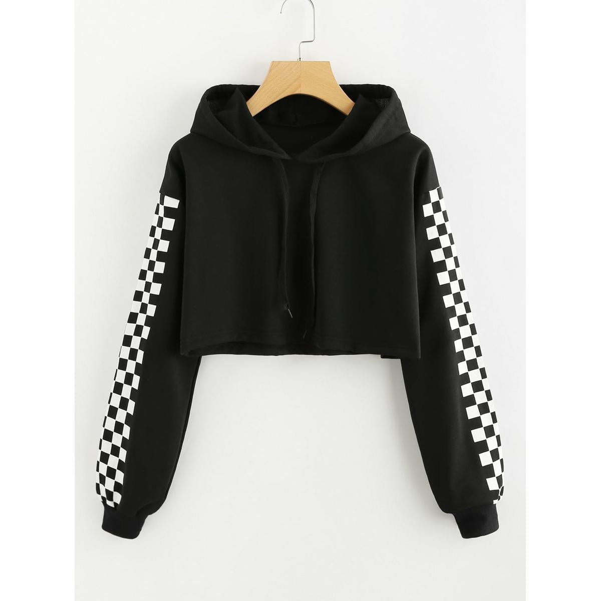 Black Checkered Fleece Full Sleeves Cropped Hoodie For Women - HB INDUSTRIES - Hoodies & Sweatshirts - 